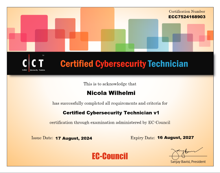 Herzlichen Glückwunsch an Nicola zum Certified Cybersecurity Technican!