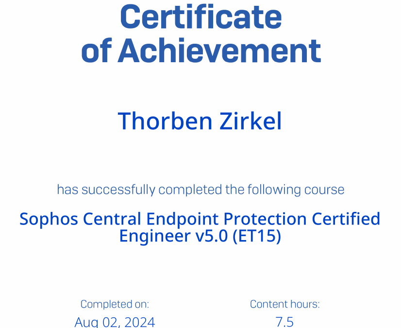 Glückwunsch an Thorben zum Sophos Central Endpoint Protection Engineer!!!!